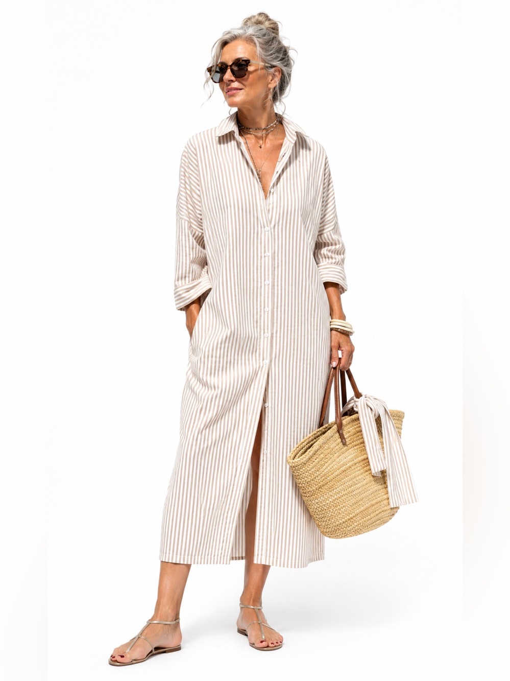 Amazon Utcoco Beige & White Striped Cotton Maxi Shirt Dress XL